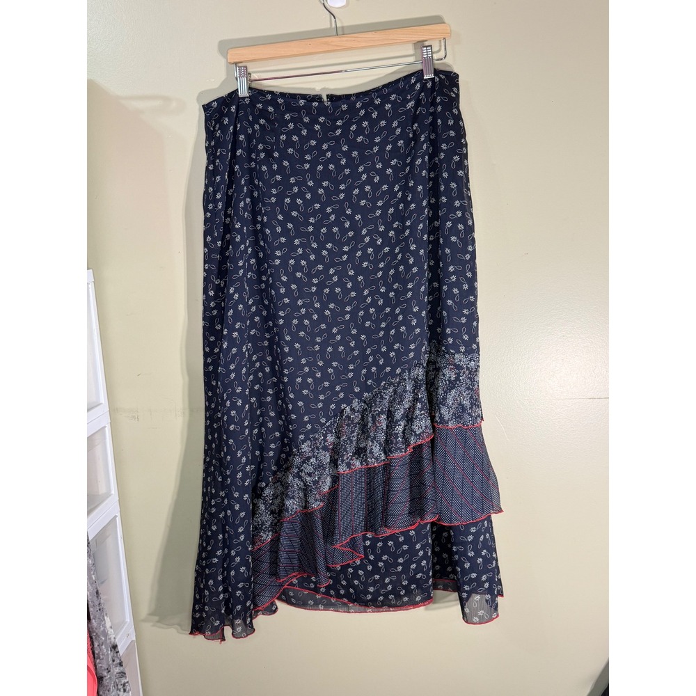 Claire France Navy Blue Floral Paisley Ruffle Hem Maxi Skirt Size 14 F3J133A